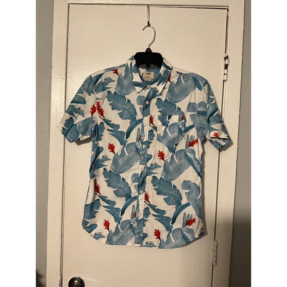 Vans Mens Small Blue Tropical Leaf Print Short Sleeve Button Down Shirt Tailored